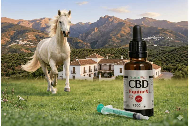 Aceite de CBD para caballos EquineX 7500mg SulisPet con caballo blanco en campo natural