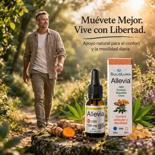 Hombre caminando con sensación de libertad y movilidad junto a aceite de CBD para articulaciones Allevia con cúrcuma y boswellia
