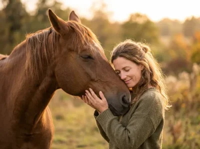 A woman lovingly embracing her calm brown horse in a sunlit field. The horse looks completely relaxed and stress-free, reflecting the natural calming benefits of premium horse CBD oil.