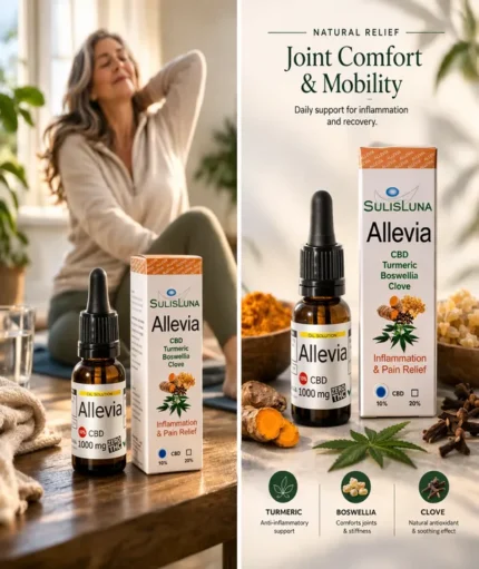 Allevia CBD oil 1000mg 10% for joint comfort and mobility with turmeric boswellia and clove for daily inflammation support