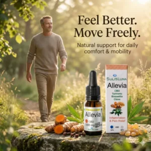 Allevia CBD oil for joint comfort and mobility with natural ingredients shown in a lifestyle scene supporting daily movement and wellbeing
