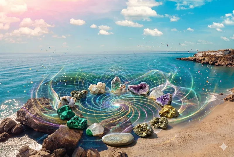 Minerales del agua de mar con campo de energía vibracional en la costa representando esencia mineral, hidratación celular y equilibrio energético
