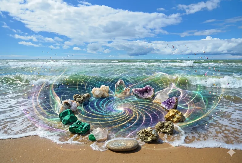 Minerais da água do mar com campo de energia vibracional na praia representando essência mineral e hidratação celular
