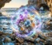 Colorful mineral crystals on seawater rocks with vibrational energy field representing mineral essence and holistic healing
