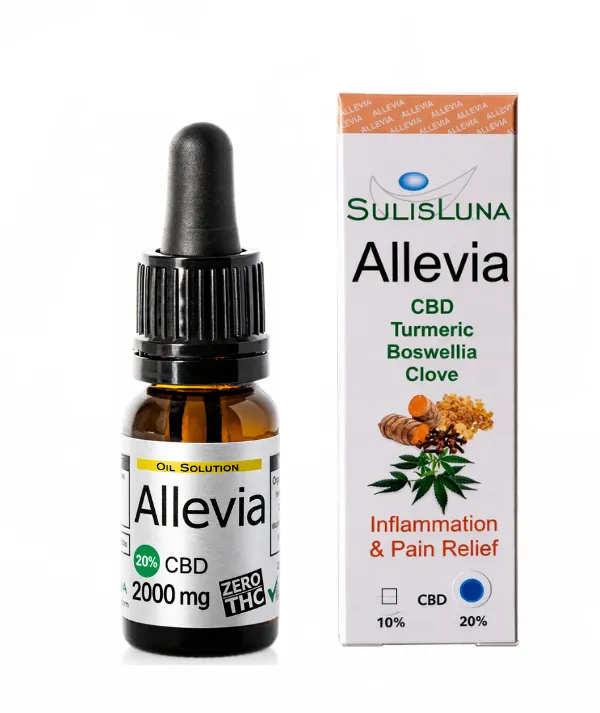 Óleo CBD 20% 2000mg Allevia SulisLuna para conforto e mobilidade articular, fórmula com curcuma, boswellia e cravinho, sem THC.
