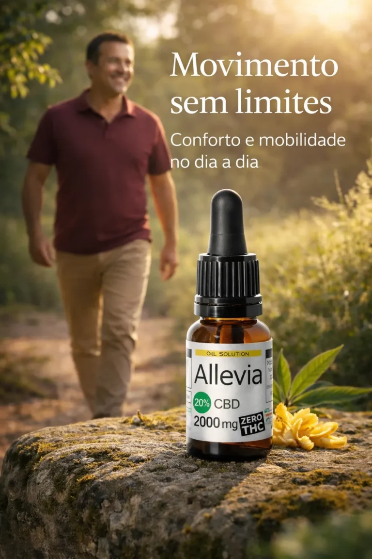 Óleo CBD Allevia 20% 2000mg para mobilidade e conforto articular com homem a caminhar ao ar livre, movimento sem limites.