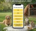 Uma composição fotográfica de animais de estimação reunidos num prado de relva, à volta de um smartphone. O ecrã do telemóvel exibe a interface da 'Pet Calculadora CBD' com botões em português para selecionar animais: CÃO, GATO, CAVALO (equinos), PÁSSARO, AVE, COELHO, e HAMSTERS, PORQUINHO DA INDIA. O fundo mostra uma cerca e um celeiro. O título da imagem no topo diz 'Pet Calculadora CBD', e no fundo, 'Encontrar a dose do meu animal”.