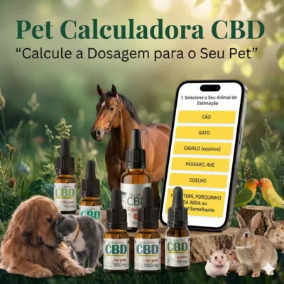 Interface da calculadora de CBD para animais da SuluisPet num smartphone, rodeada por cão, gato, cavalo, coelho e hamsters num cenário natural.