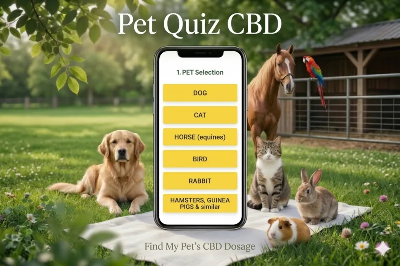 A premium marketing image featuring a smartphone displaying a pet CBD dosage quiz menu surrounded by a golden retriever, cat, horse, rabbit, guinea pig, and a parrot in a sunny outdoor farm setting.