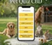 Interactive Pet Quiz CBD dosage calculator displayed on a smartphone screen featuring options for dogs, cats, horses, birds, and small mammals in a sunny outdoor park setting.