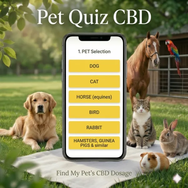 Interactive Pet Quiz CBD dosage calculator displayed on a smartphone screen featuring options for dogs, cats, horses, birds, and small mammals in a sunny outdoor park setting.