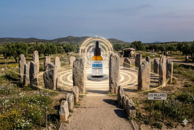 ¿Qué es el Ormus?Frasco de White Gold Ormus Quantum Solution levitando sobre un círculo de energía en el yacimiento prehistórico de Los Millares, España, bajo el título Qué es el Ormus.