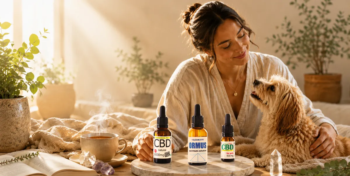 SulisLuna premium wellness lifestyle scene featuring CBD oil, Ormus and pet CBD products with a woman and her dog in a calm natural setting.