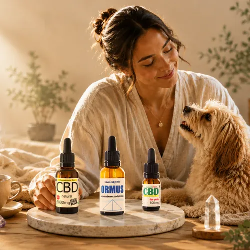 SulisLuna premium wellness lifestyle scene featuring CBD oil, Ormus and pet CBD products with a woman and her dog in a calm natural setting.